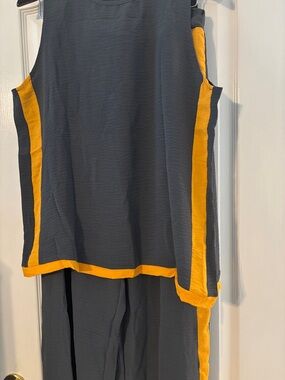 Women's Linen Blend Two Piece Set Sleeveless Color Block Top Wide Leg Pants Set